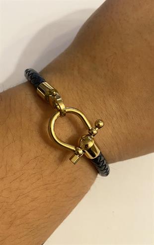 Erkek Gold Renk Çelik Detay Örgü Model Deri Bileklik