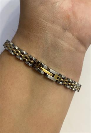 Erkek Gold Renk Detay İnce Çelik Bileklik