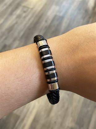 Erkek Gümüş Renk Detay Siyah Deri Bileklik 