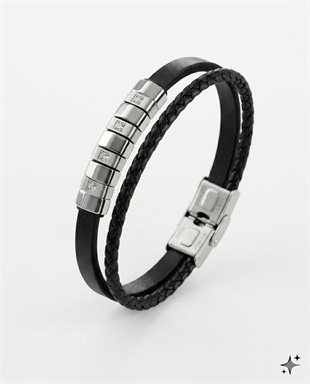 Erkek Gümüş Renk Detay Siyah Deri Bileklik 