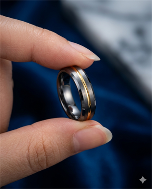 Erkek Gümüş Renk Gold Çizgi Detay 6 mm Tungsten Yüzük