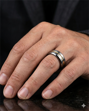 Erkek Gümüş Renk Gold Çizgi Detay 6 mm Tungsten Yüzük