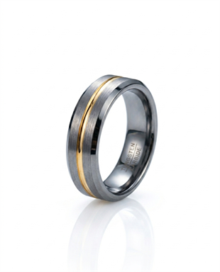 Erkek Gümüş Renk Gold Çizgi Detay 6 mm Tungsten Yüzük