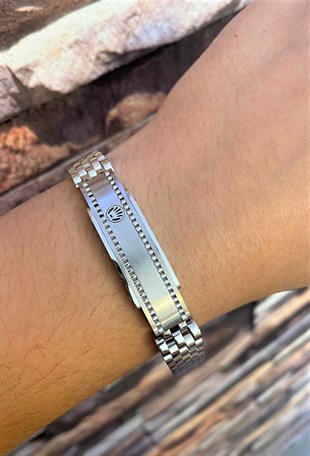 Erkek Gümüş Renk Taç Detay Çelik Bileklik