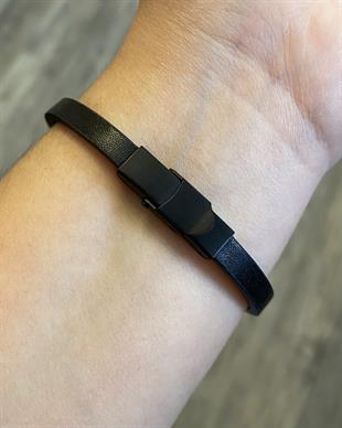 Erkek İnce Sembol Detay Siyah Deri Bileklik