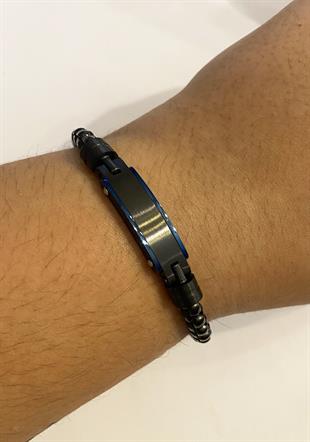 Erkek Lacivert Renk Detay Siyah Çelik Zincir Bileklik