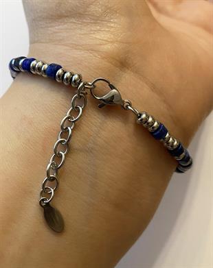 Erkek Lacivert Renk Doğal Taş Çelik Detay Bileklik