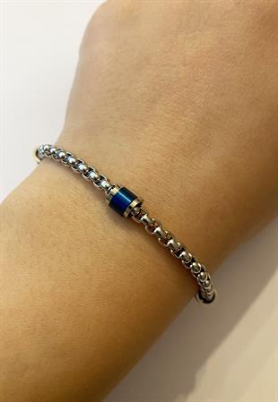 Erkek Lacivert ve Silver Renk Detay Çelik Zincir Bileklik