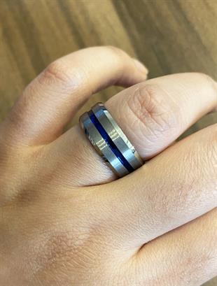 Erkek Mavi Çizgi Detay Gümüş Renk Tungsten Yüzük 