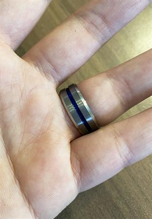 Erkek Mavi Çizgi Detay Gümüş Renk Tungsten Yüzük 