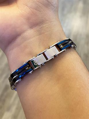 Erkek Mavi Detay Siyah Renk Çift Taraflı Çelik Bileklik 