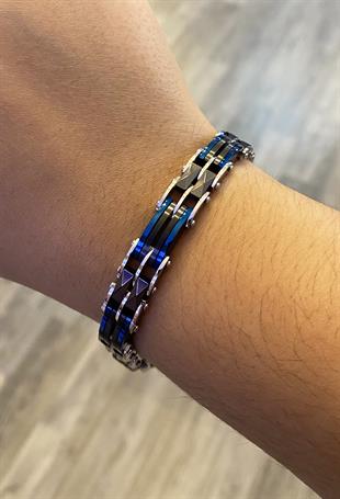Erkek Mavi Detay Siyah Renk Çift Taraflı Çelik Bileklik 