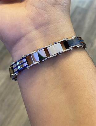 Erkek Mavi Detay Siyah Renk Çift Taraflı Çelik Bileklik 