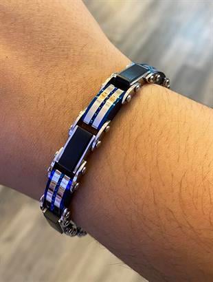 Erkek Mavi Detay Siyah Renk Çift Taraflı Çelik Bileklik 