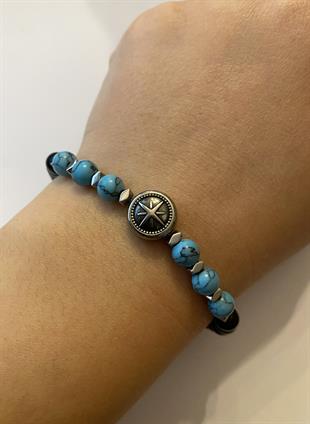 Erkek Mavi Renk Detay Çapa ve Kuzey Yıldızı Model Siyah Boncuk Bileklik