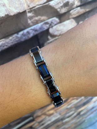 Erkek Mavi Renk Detay Çift Taraflı Çelik Bileklik