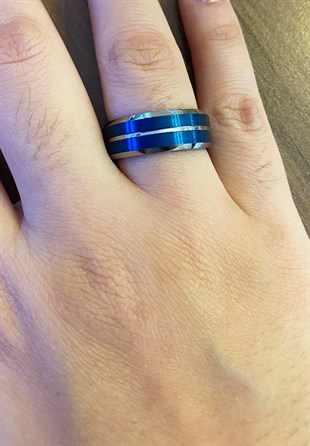 Erkek Mavi Renk Gümüş Detay Tungsten Yüzük 