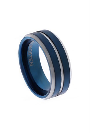 Erkek Mavi Renk Gümüş Detay Tungsten Yüzük 
