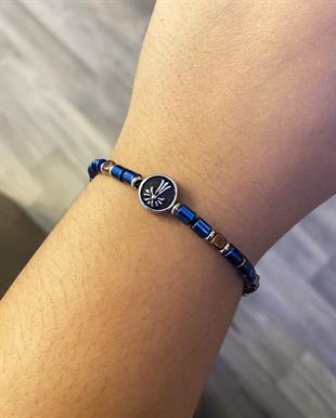Erkek Mavi ve Bakır Taş Sembol Detay Boncuk Bileklik