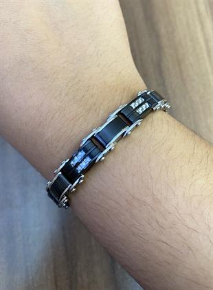 Erkek Örgü Detay Siyah Çift Taraflı Bileklik 