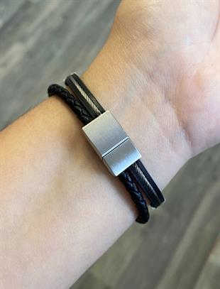 Erkek Örgü Detay Taşlı Siyah Renk Deri Bileklik