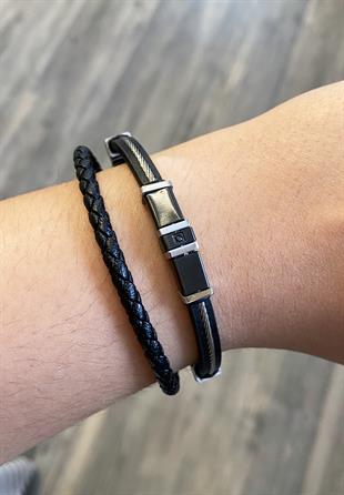 Erkek Örgü Detay Taşlı Siyah Renk Deri Bileklik