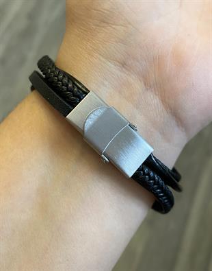 Erkek Örgü ve Figür Detay Deri Bileklik