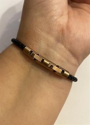 Erkek Rose Renk Detay Örgü Model Deri Bileklik