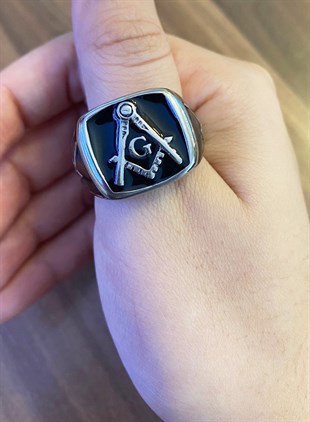 Erkek Sembol Detay Siyah Çelik Yüzük