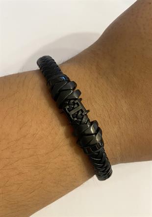 Erkek Sembol Detay Siyah Deri Bileklik 