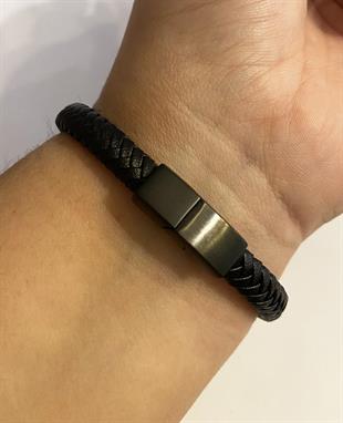 Erkek Sembol Detay Siyah Deri Bileklik 