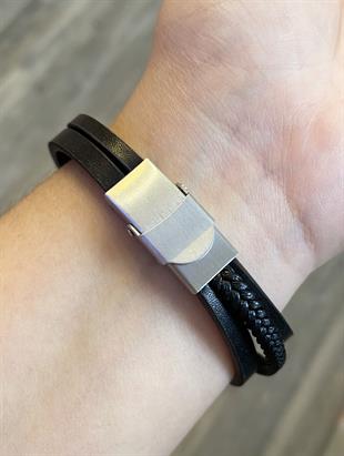 Erkek Silver Renk Detay Üçlü Birleşik Deri Bileklik