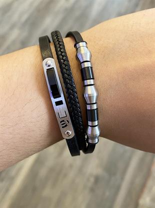 Erkek Silver Renk Detay Üçlü Birleşik Deri Bileklik