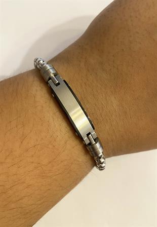 Erkek Silver Renk Plaka Detay Çelik Bileklik