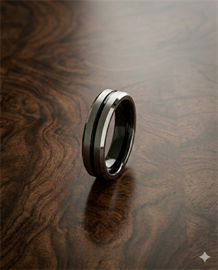 Erkek Siyah Çizgi Detay Gümüş Renk 6 mm Tungsten Yüzük  