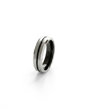 Erkek Siyah Çizgi Detay Gümüş Renk 6 mm Tungsten Yüzük  