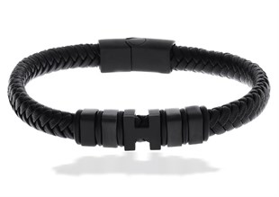 Erkek Siyah Harf Detay Deri Bileklik