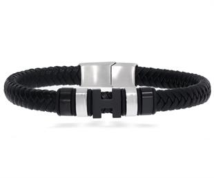 Erkek Siyah Harf ve Silver Renk Detay Deri Bileklik