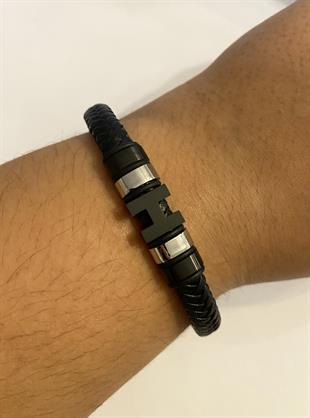 Erkek Siyah Harf ve Silver Renk Detay Deri Bileklik