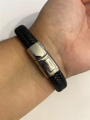 Erkek Siyah Örgü Model Deri Bileklik