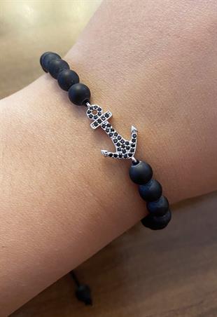 Erkek Siyah Renk Çapa Detay Ayarlanabilir Doğaltaş  Bileklik