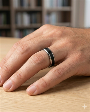Erkek Siyah Renk Gümüş Detay 6 mm Tungsten Yüzük 