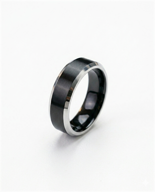 Erkek Siyah Renk Gümüş Detay 6 mm Tungsten Yüzük 