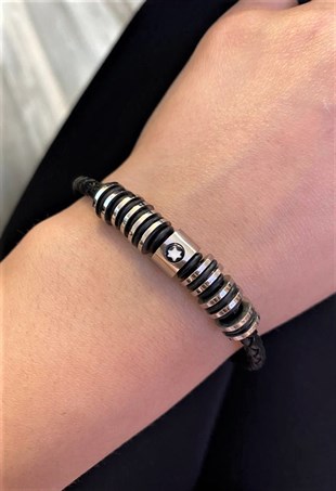 Erkek Siyah Renk Gümüş ve Yıldız Detay Deri Bileklik 