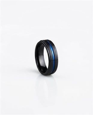 Erkek Siyah Renk Mavi Çizgi Detay Tungsten Yüzük