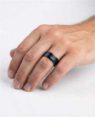 Erkek Siyah Renk Mavi Çizgi Detay Tungsten Yüzük