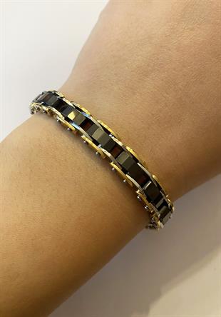 Erkek Siyah Seramik Model Gold Renk Detay  Çelik Bileklik