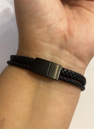 Erkek Siyah Tek Taş Detay Örgü Deri Bileklik
