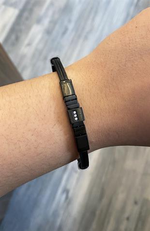 Erkek Taş Detay İnce Deri Bileklik