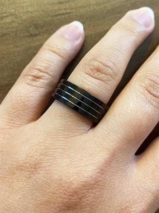 Erkek Üç Çizgi Model Siyah Tungsten Yüzük